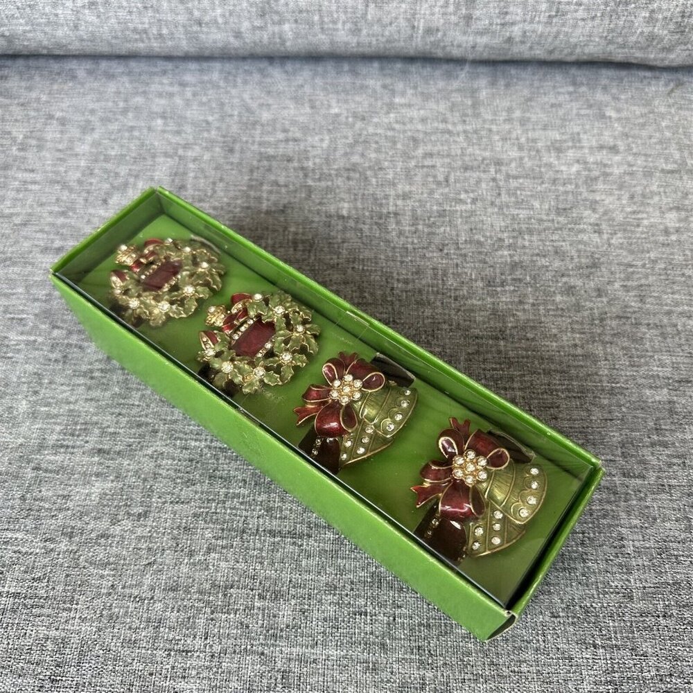 Burton and Burton Napkin Rings Christmas Wreaths Bells Rhinestone Enamel NEW